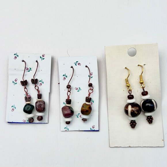 Lot Of 3 Pairs Handmade Beaded Dangle Earrings Mixed Stone Boho Style - Picture 1 of 10